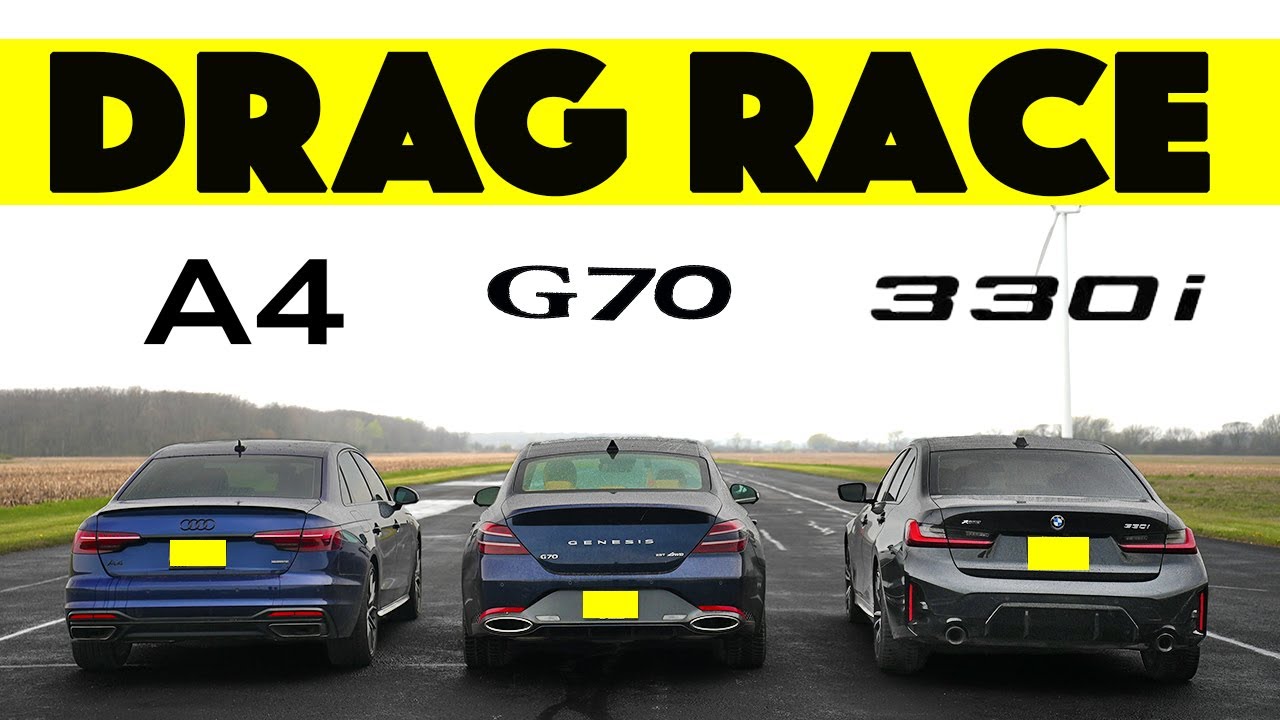 Genesis G70 2024 года соревнуется с Audi A4 и BMW 330i: Gap City следует за ним. Гонка Drag-and-R...