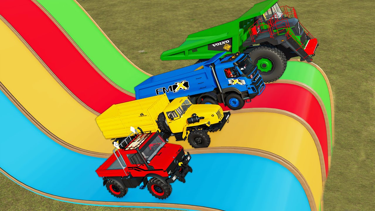 PARKOUR OF COLORS! BIG & MINI TRUCKS vs PARKOUR! STRAW TRANSPORT ON RAMP! Farming Simulator 22