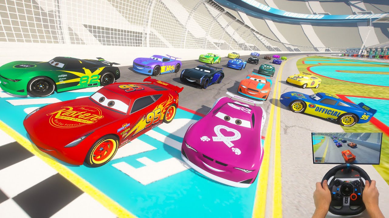 Race Crazy Cars Next Gen Florida 500   Cruz Ramirez VS Jackson Storm Ryan Laney McQueen and Friends