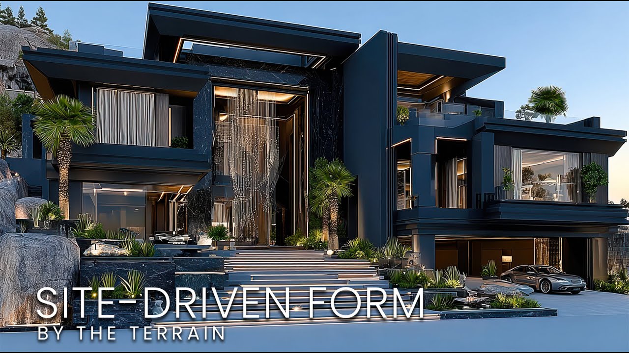 Cliffside Monument Mansion | Sculpted Dark Stone Form Anchored to a Sloped Landscape
