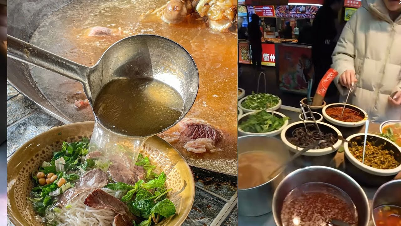 Cooking beef soup rice noodles. street food.