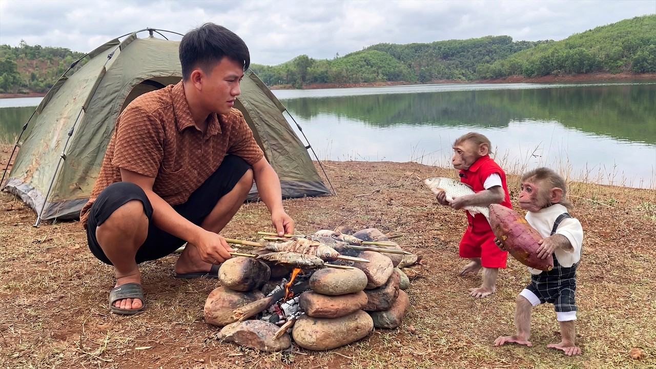 Peaceful Lakeside Camping with Monkey Bon and Moon | Fishing & Relaxing