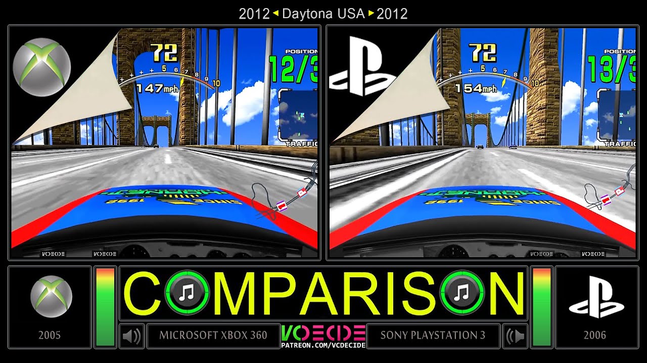 Daytona USA (Xbox 360 vs PlayStation 3 with G29) Side by Side Comparison - Dual Longplay | VCDECIDE