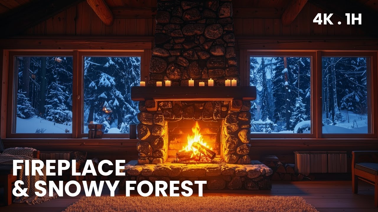 Fireplace & Snowy Forest | Cozy Winter Ambience for Relaxation (4K • 1H)