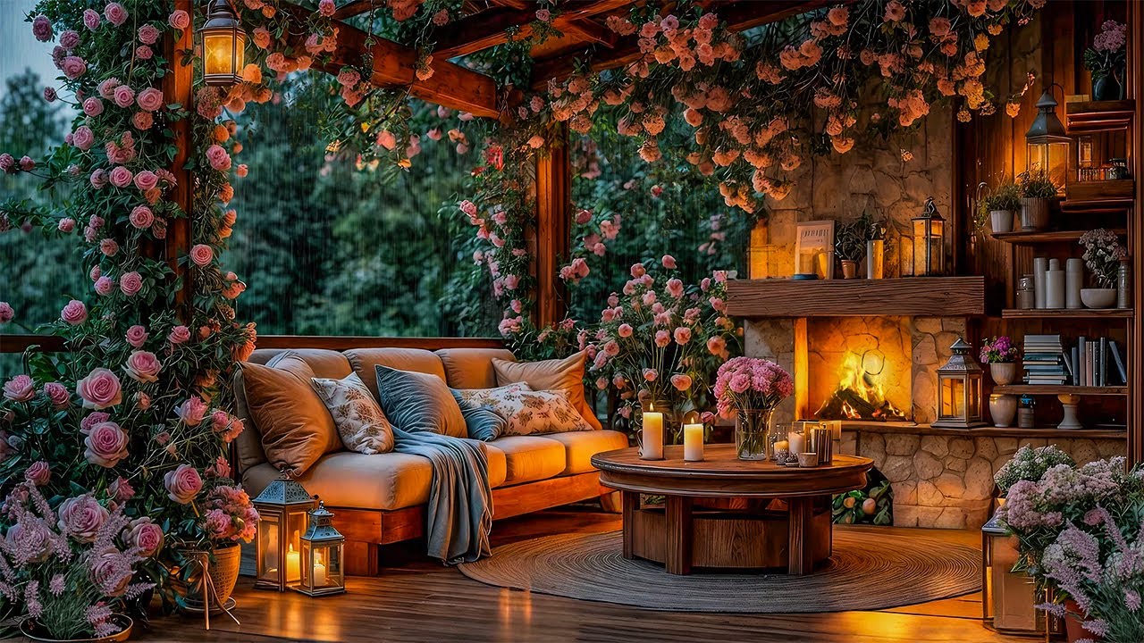 Soothing Deep Sleep Sounds + Soft Rain Sounds in Warm Balcony with Calming Fire to Heal Your Mind