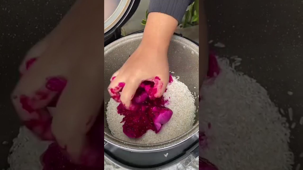 the process of cooking delicious rice using a mixture of dragon fruit