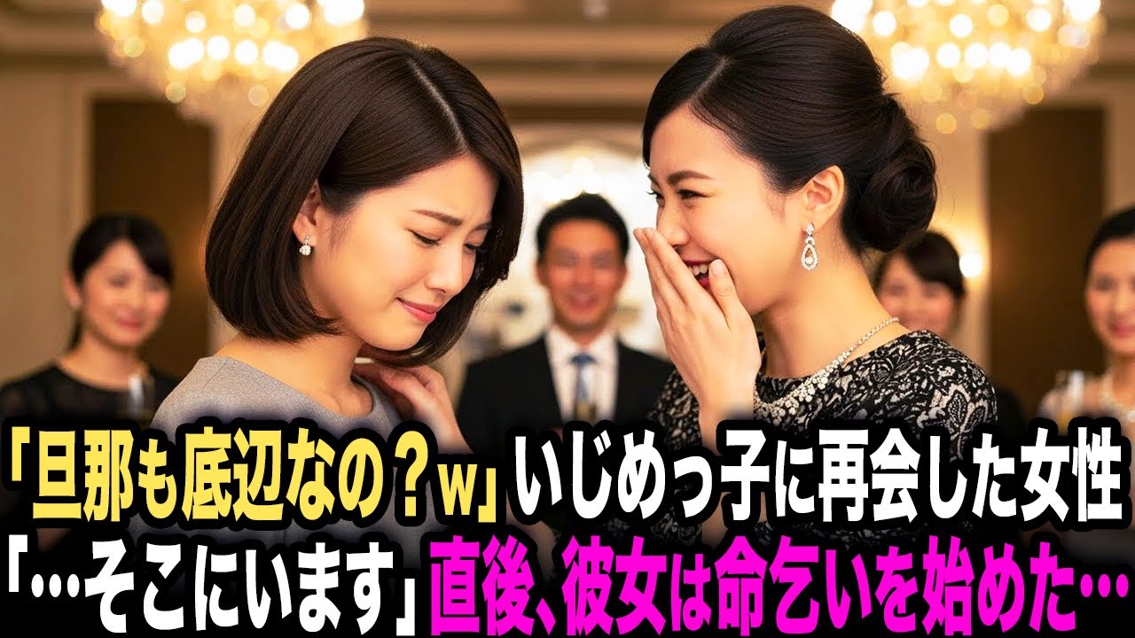 「貧乏くさい服。旦那も底辺なの？w」同窓会でいじめられていた同級生に再会した女性。「…旦那はそこにいます」→直後、いじめっ子は命乞いを始めた…