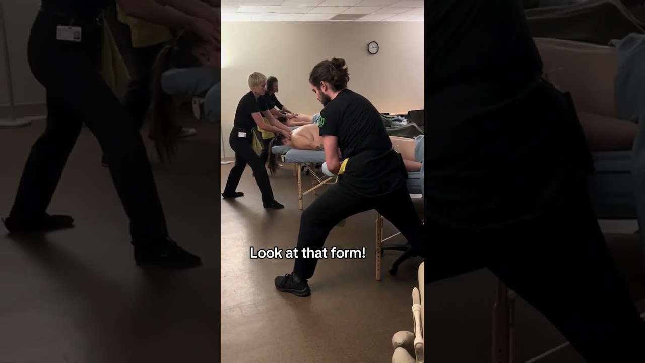 Massage therapy students work on their body mechanics when giving people a massage 💪 #shorts