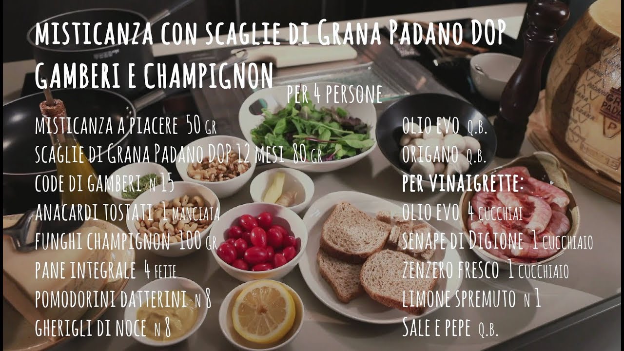 Misticanza con scaglie di Grana Padano DOP, gamberi e champignon