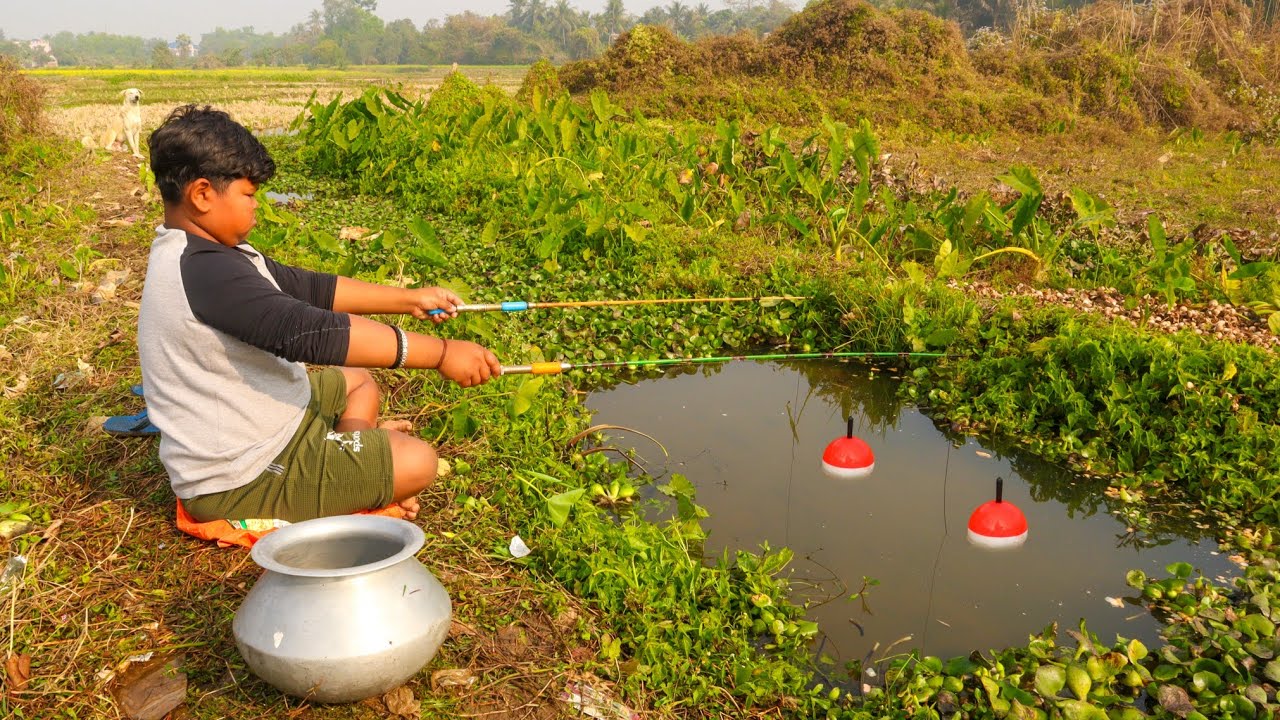 Fishing Video || Little fisherman fishing in the field canal using two hooks || best hook fishing