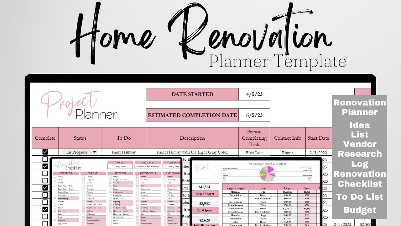 Home Renovation Planner Excel Spreadsheet, Home Improvement Planning Google Sheets, Home Remodel