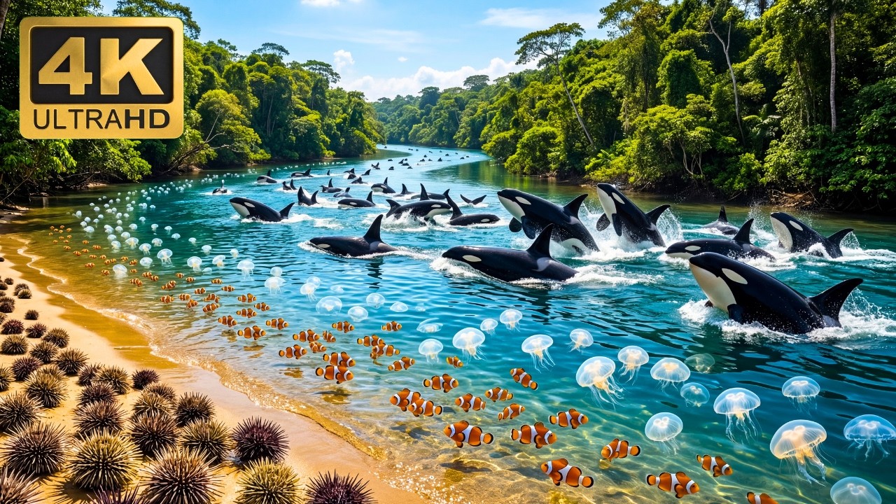 Caminhada Relaxante na Amazônia: Orca, Ouriço-do-Mar, Água-viva e Peixe-Palhaço (4K)