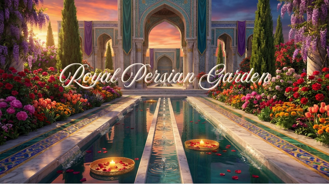 Royal Persian Garden at Golden Hour 🌅 Jewel-Toned Water Garden Ambience