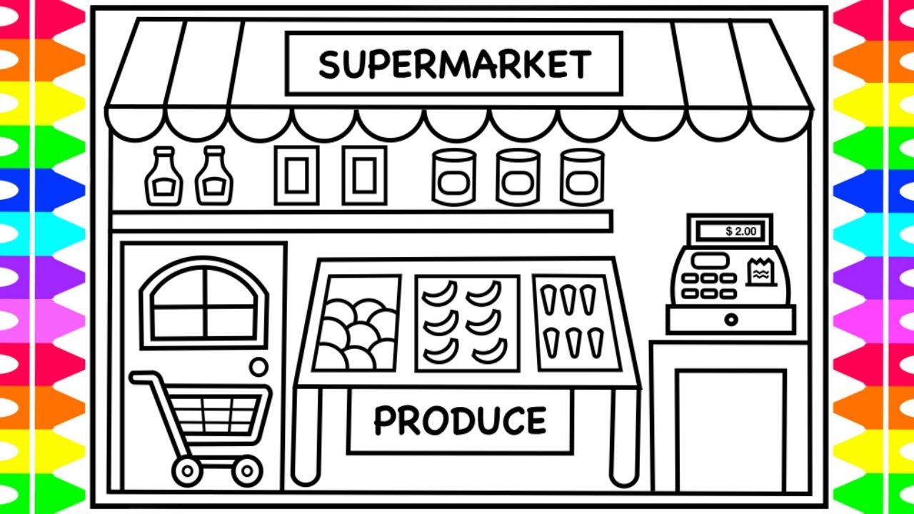 How to Draw a Supermarket Grocery Store for Kids 🍎🍋🥦 Grocery Store Drawing and Coloring for Kids