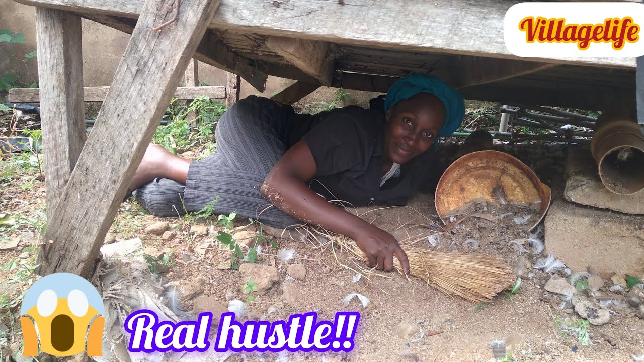 African Life Of Village Wife:slashing  and adding manure on vegetables