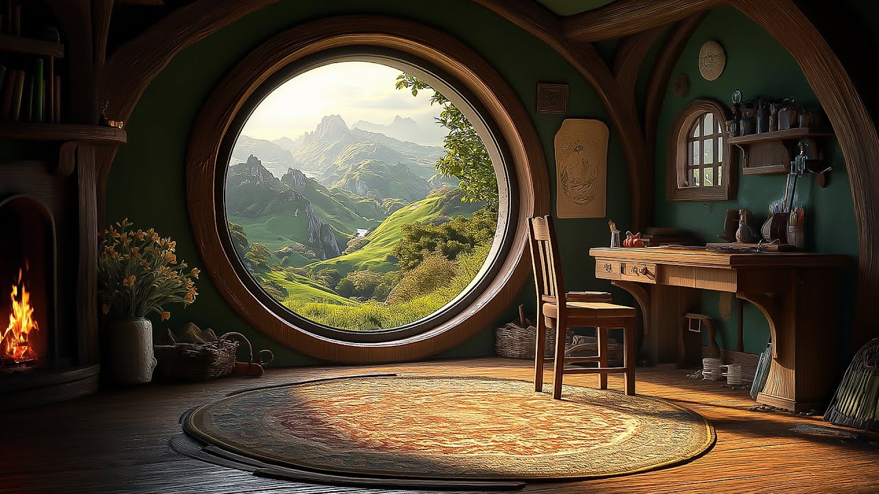 5 Hours of Peace in the Hobbit Library — Calm Nature Sounds & Roaring Fireplace 🔥🌼 for Focus & Relax