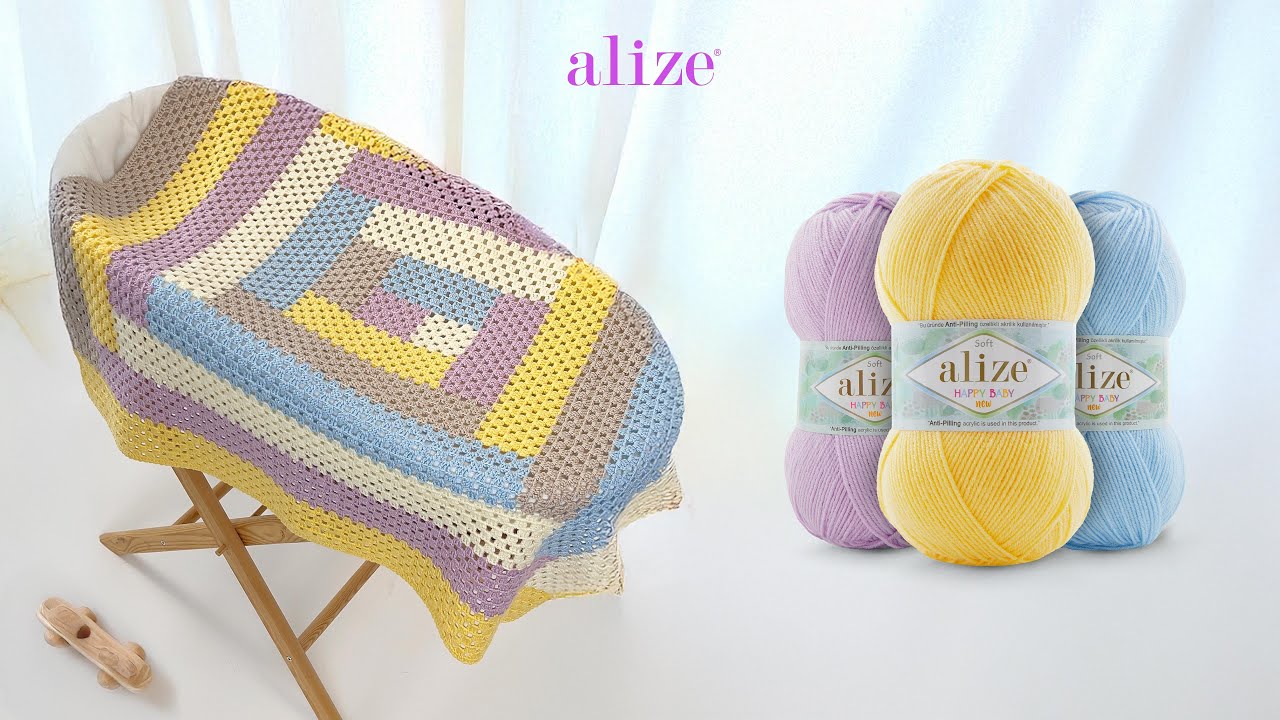 Разноцветное детское одеяло с пряжей Alize Happy Baby New