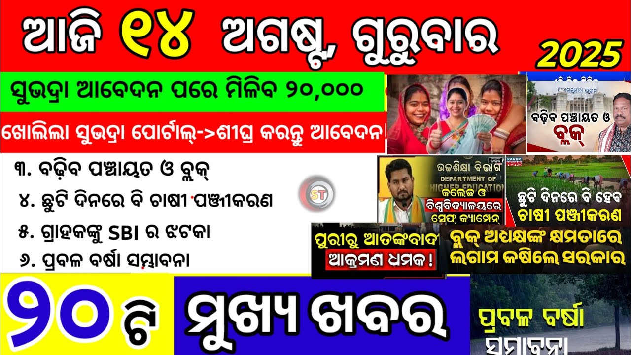 today's morning news odisha/14 August 2025/subhadra yojana online apply process/odisha news