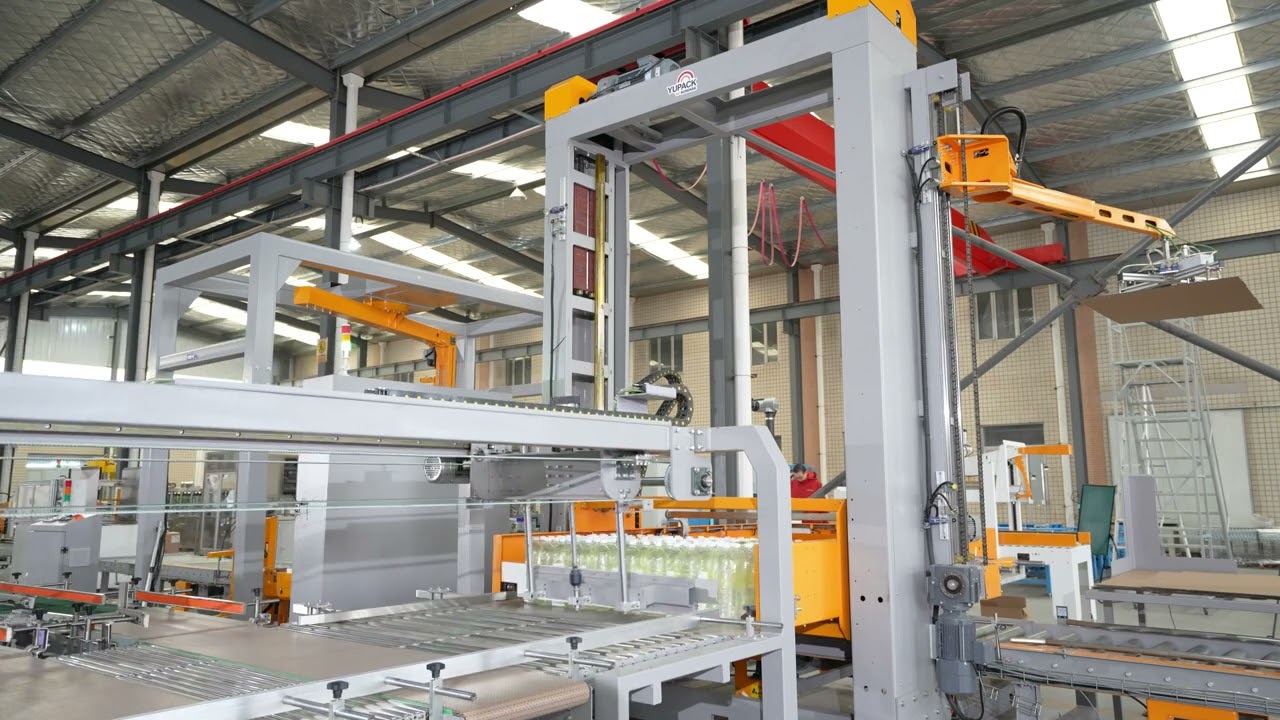 Low level palletizing and Arm rotary wrapping system for film-packed bottled water#palletizer#wrap