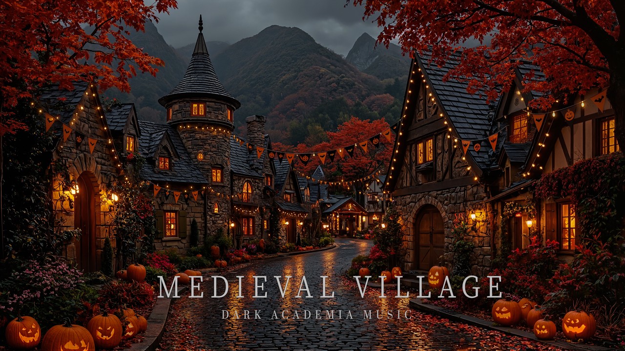 Pumpkin Medieval Village on a Rainy Autumn Halloween Night | Dark Academia Ambience for Study, Relax