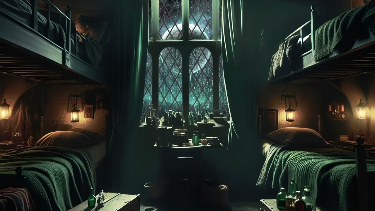 Magic School Green Dormitory Rain Sound On Window with Thunder Sounds for Sleep