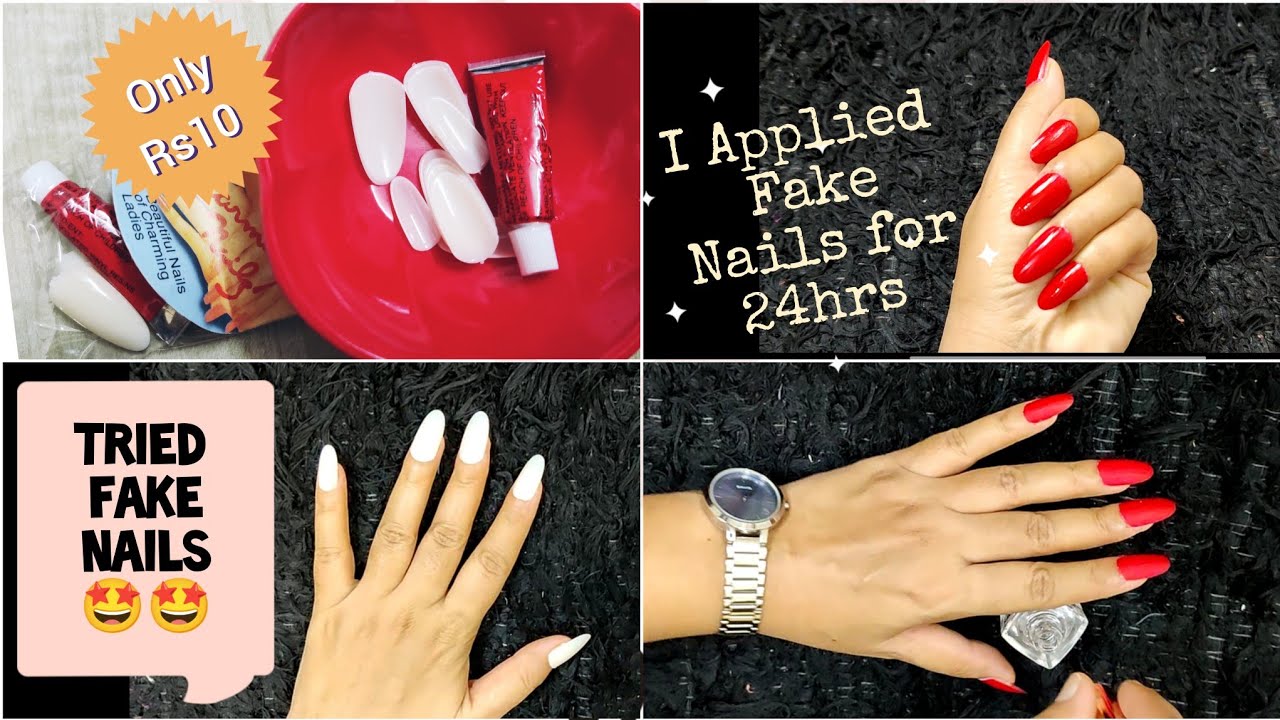 Rs10 only / I applied FAKE Nails for 24hrs 😱 | fake nails kaise lagaye Live demo + review | Keerti