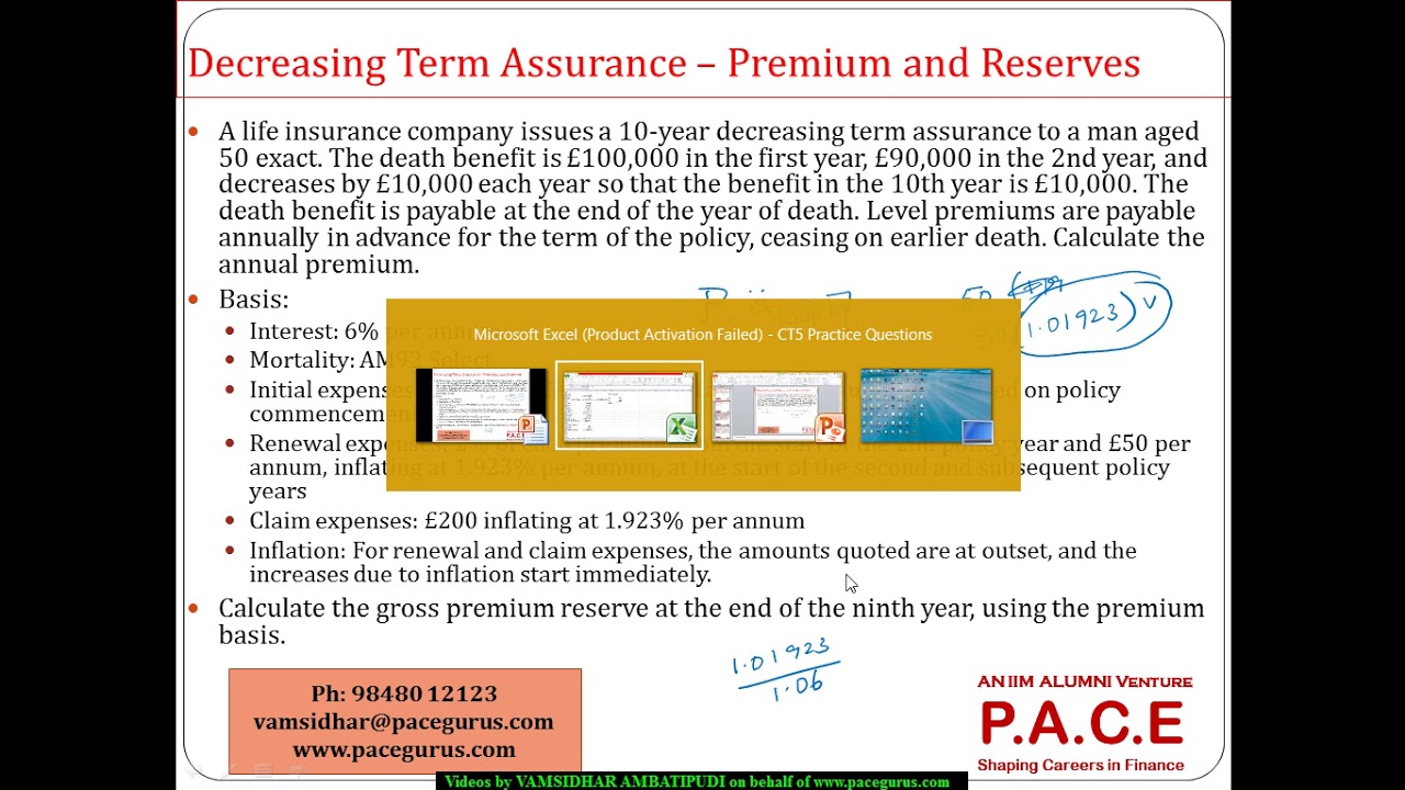Gross Premium and Reserves Decreasing Term Assurance