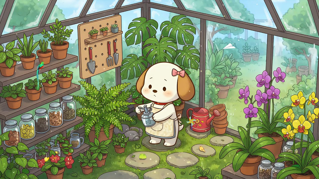 Cute Puppy Watering Plants 🌿 Lofi Beats To Relax & Study In Nature 🪴 Cozy Greenhouse Garden Vibes