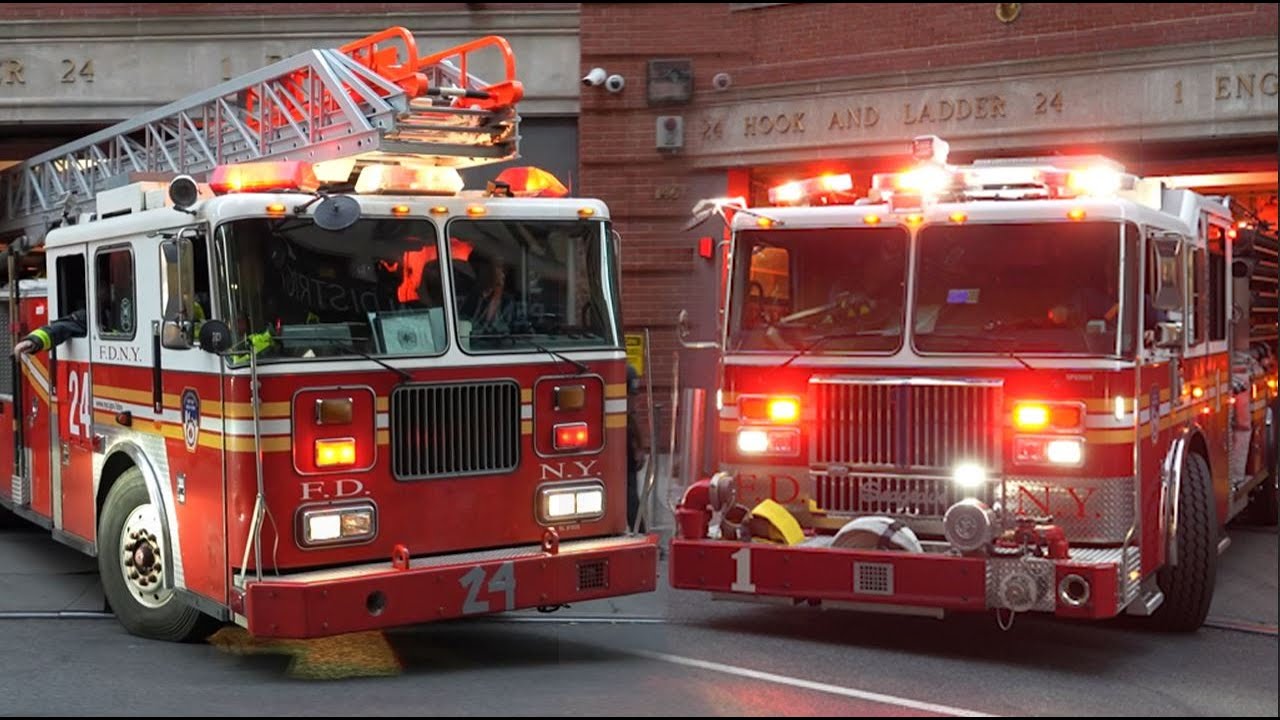 FDNY Engine 1 **Blaring Q** & 22 Year Old Seagrave Ladder 24 Spare Responding + Emergency Light Demo