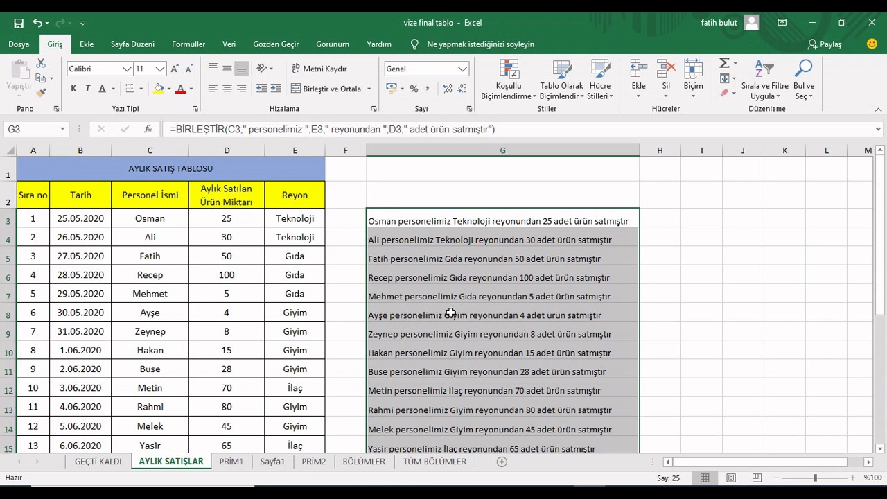 Excel Dersleri - Hücre Birleştirme - Birleştir Formülü Nasıl Kullanılır