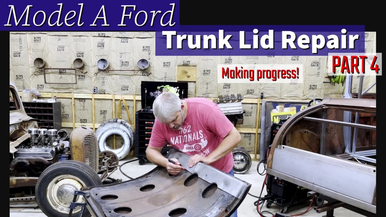 Rusty Model A trunk lid part 4. Patch panel fits! Trunk latch handle hole repair! Hemi coupe build.