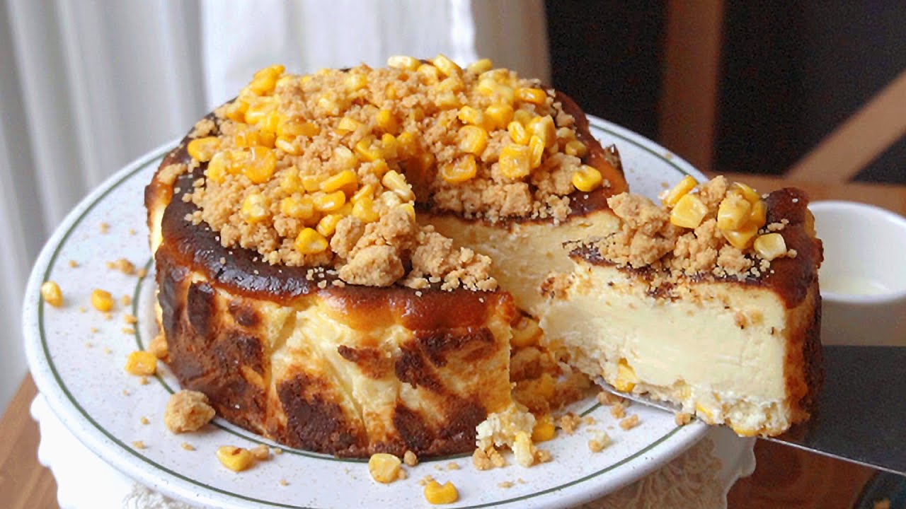 콘크럼블 바스크치즈케이크 만들기 Corn Crumble Basque Cheesecake Recipe 옥수수 치즈케이크 레시피 옥수수 크럼블  옥수수케이크 콘크럼블 콘치즈케이크