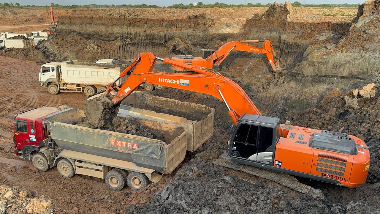 4 Hitachi Zaxis 350 Working Hard with 41 Ton Trucks & Dozer D65PX | Extreme Heavy Equipment Action!