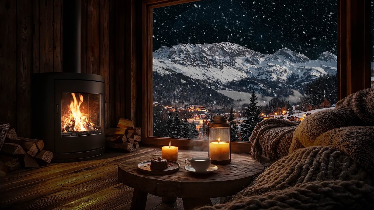 Winter Piano Above a Sleeping Village ❄️ Cozy Fire, Snow & Candlelight Beneath Black Sky