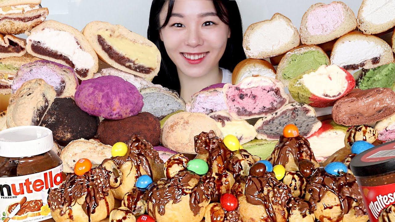 SUB) ASMR Кремовый хлеб Мукбанг 🍞 Шоколад Десерты Профитроль Корейская пекарня Ест звук Nutella