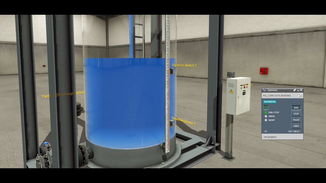 Factory IO filling tank scene controlled by capacitive sensors with using TIA Portal and PLCSIM