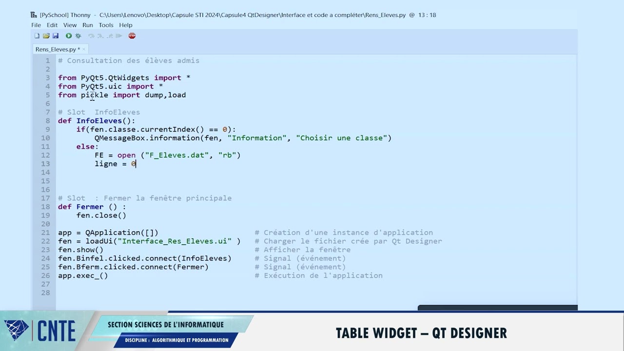 Section Sciences de l'informatique - Algorithmique et programmation -  Table Widget Qt Designer