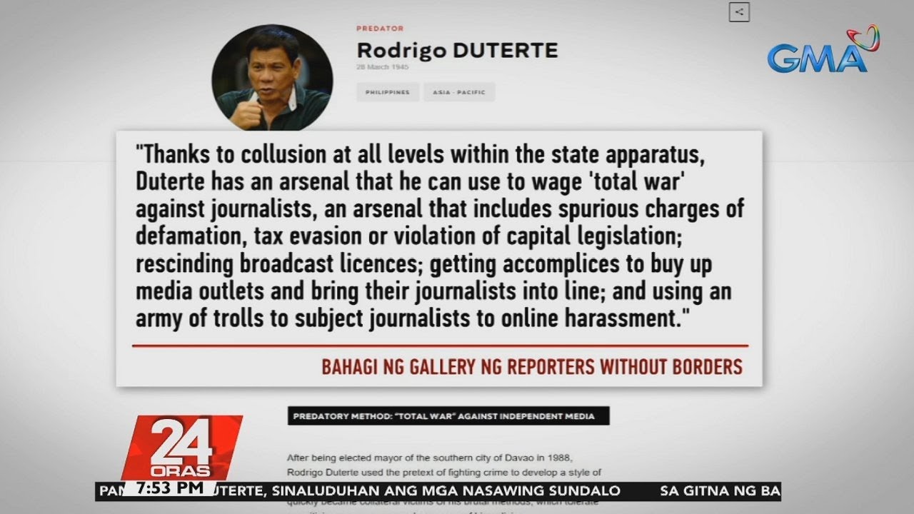 Duterte among world ‘press freedom predators,’ says media watchdog | 24 Oras