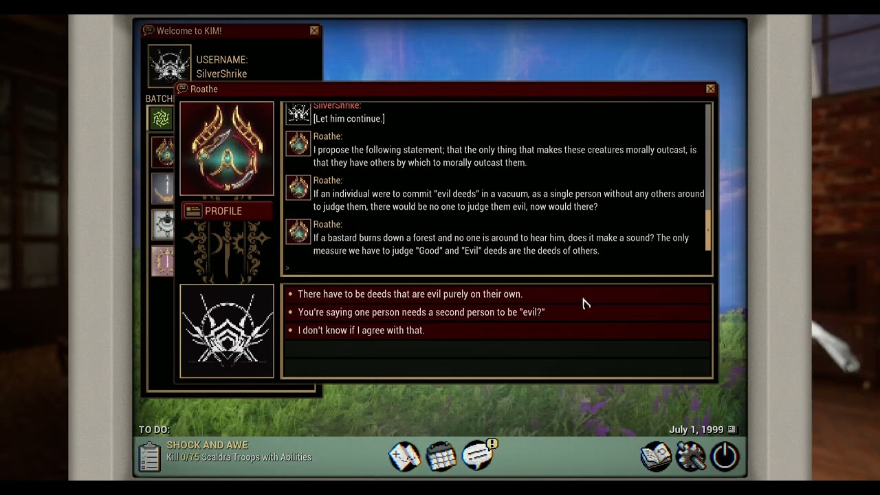 Warframe The Old Peace: A philosophical question from Roathe - deeds/context/evil deeds/don't know