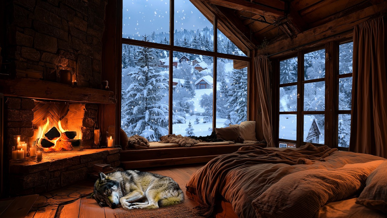 Cozy Winter Cabin – Snowfall ❄️ Soothing Fireplace Crackling & Sleeping Dog Ambience for Deep Sleep