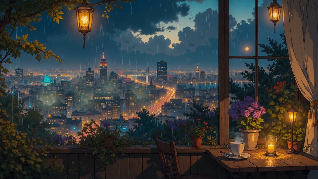 Tokyo Rainy Night Balcony 🌧️ Cozy Coffee & City Skyline | Lofi Ambience for Study & Sleep