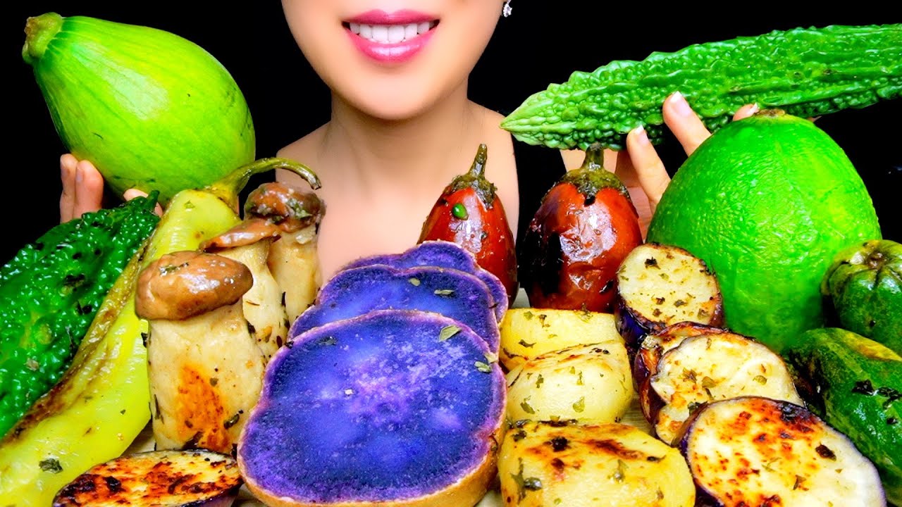 HEALTHY EATING ASMR: ROASTED VEGGIES PLATTER (BITTER MELON, KING OYSTER MUSHROOM, EGGPLANT) |