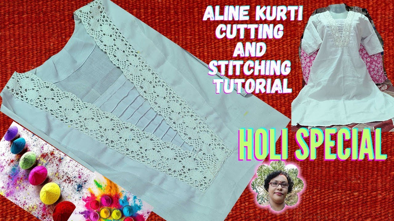 HOLI SPECIAL WHITE A LINE KURTI WITH OVERLAPPING V NECK DESIGN  PINTUCKS & LACEWORK TUTORIAL 👗✨