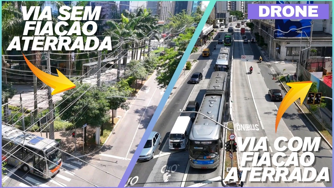 Drone no Itaim Bibi e V. N. Conceição: Via com fiação aterrada vs Via com fiação aérea - São Paulo