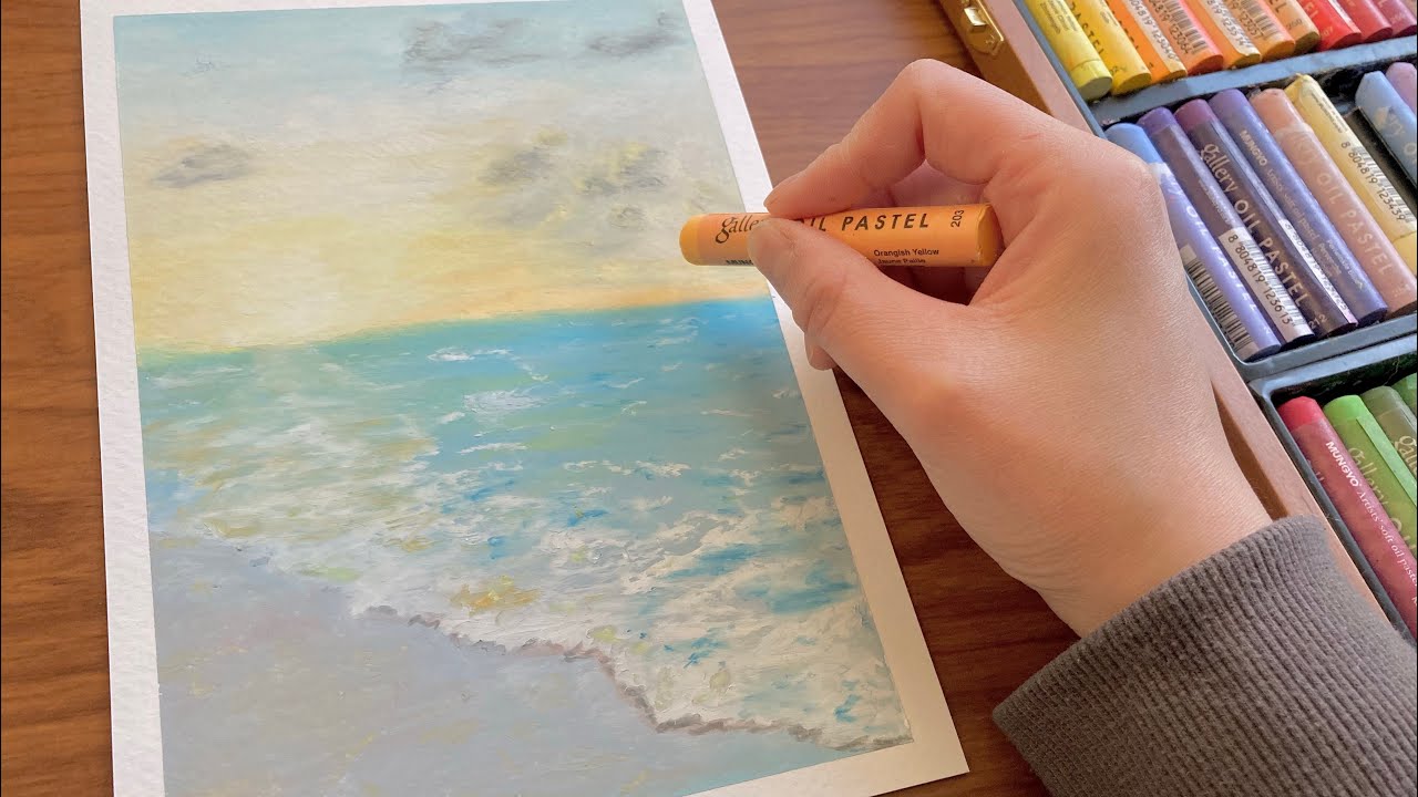 Oil Pastel Drawing with relax music /オイルパステル / 朝の海辺🐋 / The Ocean in the Morning