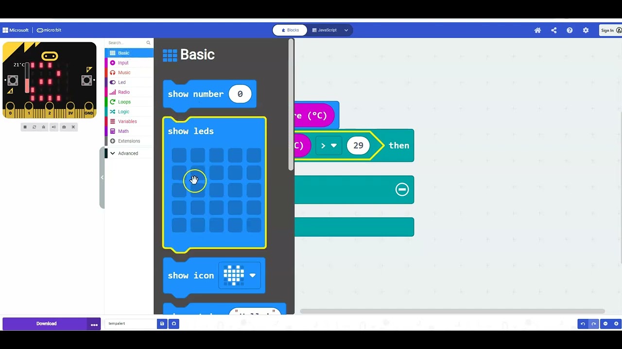 Creating a temperature alert application by coding the micro:bit in makecode.