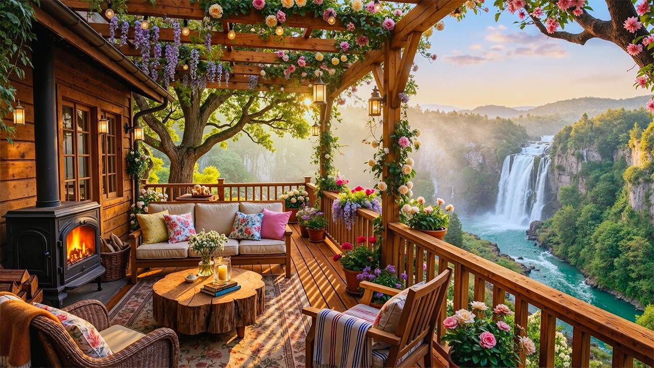 Gently Morning Spring Ambience by the Waterfall | Soft Jazz Music & Crackles Fireplace to Start Day