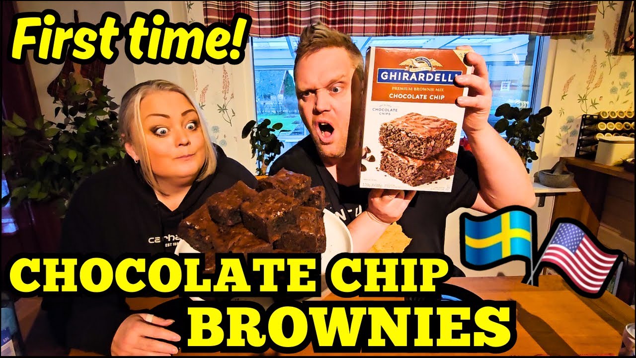 First time!! Swedish couple try Chocolate Chip Brownies!!