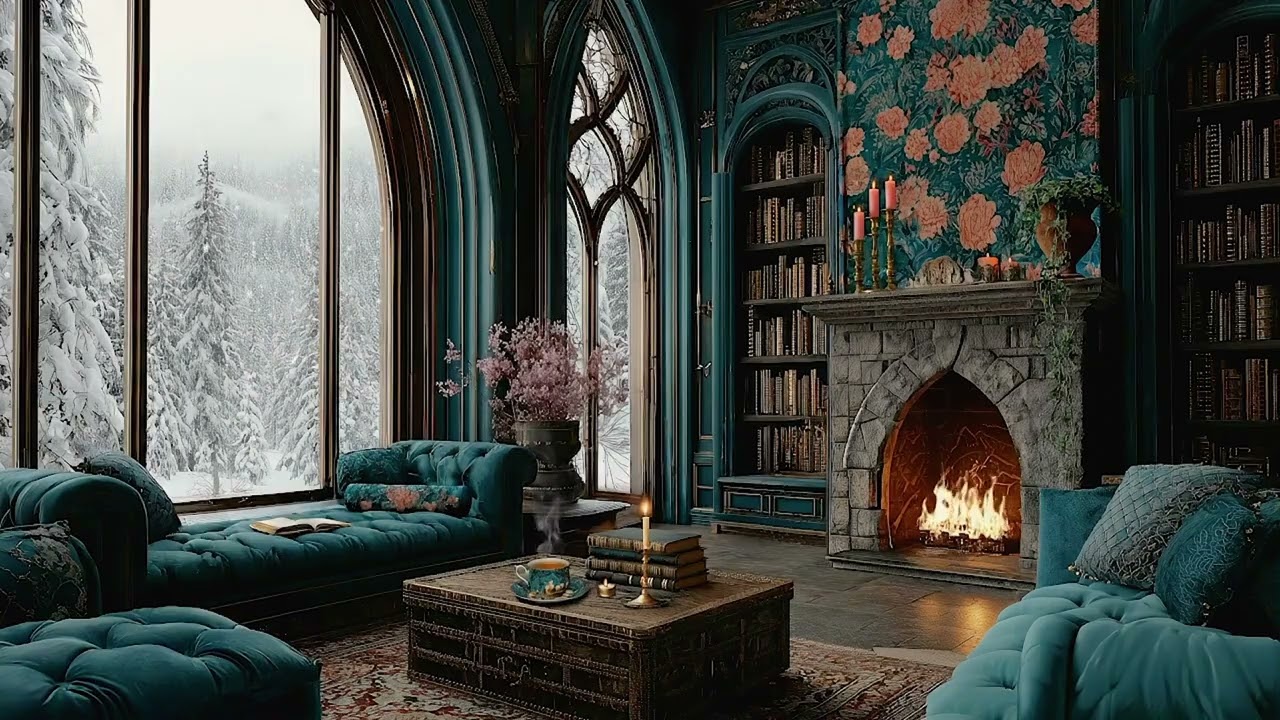 Dark Academia Winter Ambience ❄️ Snowy Manor Library Wing & Fireplace Sounds