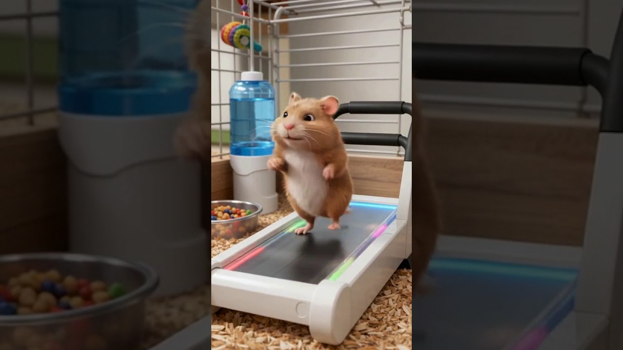 The little hamster is running on the mini treadmill. 